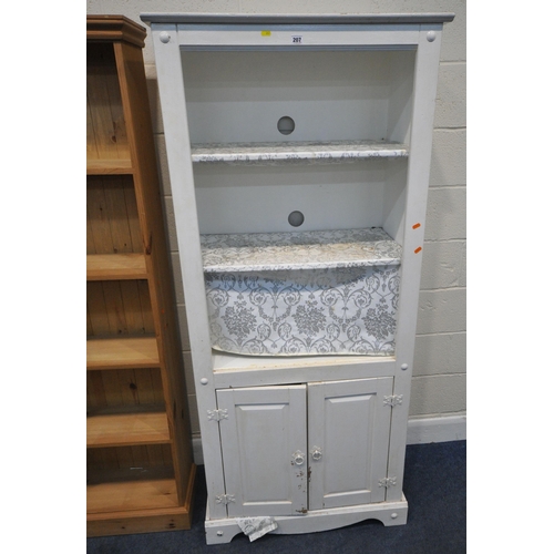 207 - A WHITE PAINTED OPEN BOOKCASE, with double doors, width 81cm x depth 45cm x height 183cm, a pine ope... 