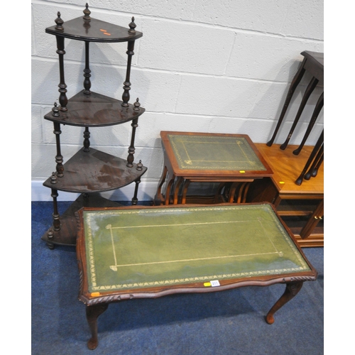 211 - A LARGE SELECTION OF OCCASIONAL FURNITURE, to include a mahogany coffee table, a four tier corner wh... 