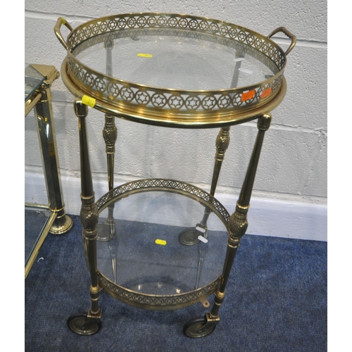 213 - A BRASS TWO TIER SIDE TABLE, with two glass surfaces, with canted corners, 60cm squared x height 52,... 