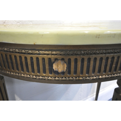 214 - A GILT DEMI-LUNE CONSOLE TABLE, with a faux onyx top, raised on reeded tapered legs, width 75cm x de... 