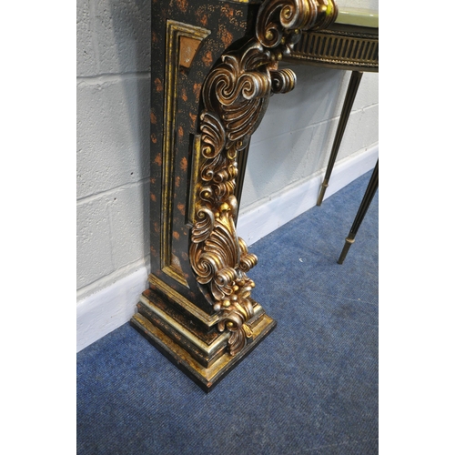 214 - A GILT DEMI-LUNE CONSOLE TABLE, with a faux onyx top, raised on reeded tapered legs, width 75cm x de... 