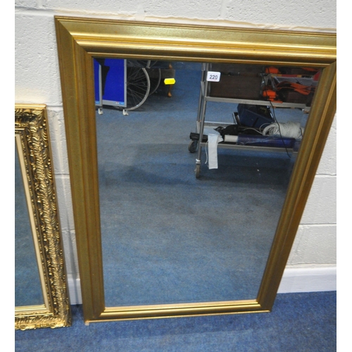 220 - A RECTANGULAR GILT FRAME BEVELLED EDGE WALL MIRROR, 108cm x 76cm, two other gilt frame mirrors, alon... 