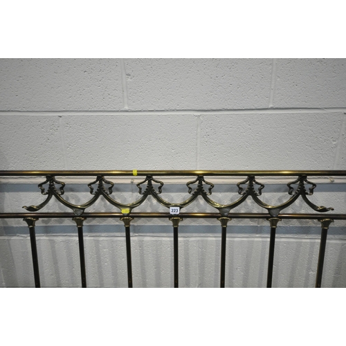 223 - A 20TH CENTURY BRASSED 4FT6 BEDSTEAD, with scrolled swags, side rails, slats and bolts present, cond... 