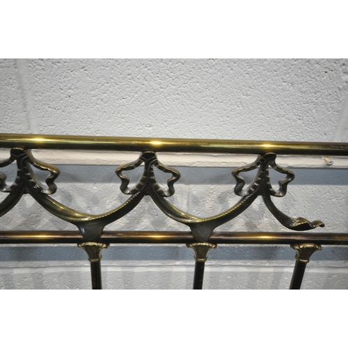 223 - A 20TH CENTURY BRASSED 4FT6 BEDSTEAD, with scrolled swags, side rails, slats and bolts present, cond... 