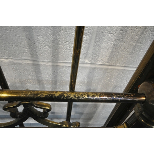 223 - A 20TH CENTURY BRASSED 4FT6 BEDSTEAD, with scrolled swags, side rails, slats and bolts present, cond... 