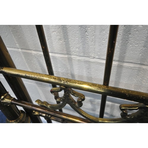 223 - A 20TH CENTURY BRASSED 4FT6 BEDSTEAD, with scrolled swags, side rails, slats and bolts present, cond... 