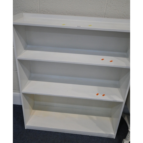 247 - A WHITE PAINTED FOUR TIER OPEN BOOKCASE, width 77cm x depth 28cm x height 89cm, a white painted side... 