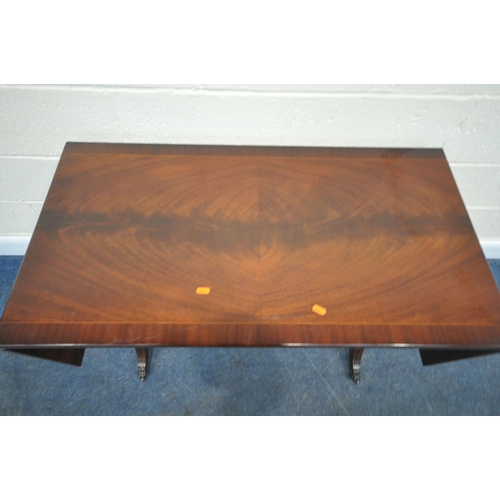 249 - A BRIDGECRAFT MAHOGANY DROP LEAF SOFA TABLE, with two frieze drawers, raised on shaped legs, with br... 