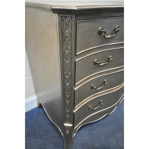 251 - AND SO TO BED, A GEORGIAN STYLE SILVER SERPENTINE CHEST OF FOUR LONG DRAWERS, with blind fretwork fr... 