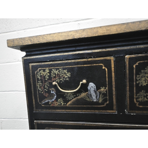 252 - A BLACK LACQUERED CHEST OF THREE SHORT OVER THREE LONG DRAWERS, with various chinoiserie decorative ... 