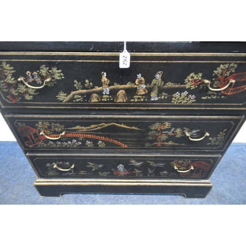 252 - A BLACK LACQUERED CHEST OF THREE SHORT OVER THREE LONG DRAWERS, with various chinoiserie decorative ... 