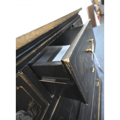 252 - A BLACK LACQUERED CHEST OF THREE SHORT OVER THREE LONG DRAWERS, with various chinoiserie decorative ... 