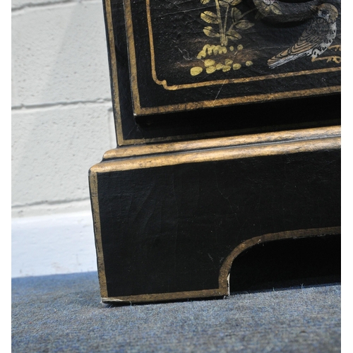 252 - A BLACK LACQUERED CHEST OF THREE SHORT OVER THREE LONG DRAWERS, with various chinoiserie decorative ... 