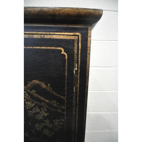 253 - A BLACK LACQUERED DRINKS CABINET, fitted with double cupboard doors, over three drawers, with variou... 