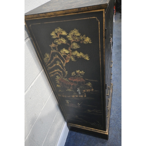 253 - A BLACK LACQUERED DRINKS CABINET, fitted with double cupboard doors, over three drawers, with variou... 