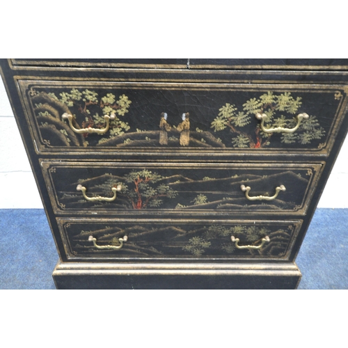 253 - A BLACK LACQUERED DRINKS CABINET, fitted with double cupboard doors, over three drawers, with variou... 