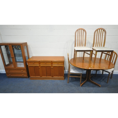 257 - A LATE 20TH CENTURY SEVEN PIECE DINING SUITE, comprising an extending dining table, with a single pe... 