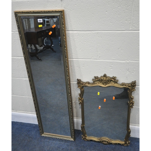 260 - TWO GILT FRAME WALL MIRRORS, largest 124cm x 37cm, condition report: overall good condition (2)