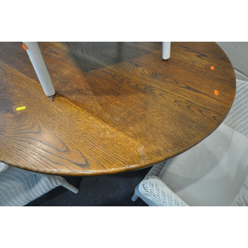 266 - A PARTIALLY PAINTED OAK CIRCULAR PEDESTAL TABLE, diameter 111cm x height 75cm, along with a set of f... 