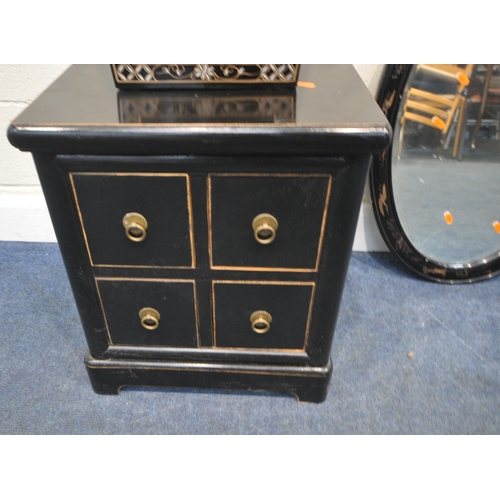 285 - AN EBONISED CHEST OF FOUR DRAWERS, 48cm squared x height 58cm, an oval chinoiserie bevelled edge wal... 