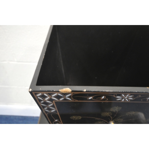 285 - AN EBONISED CHEST OF FOUR DRAWERS, 48cm squared x height 58cm, an oval chinoiserie bevelled edge wal... 