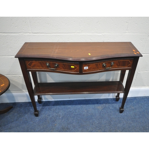 288 - A REPRODUCTION MAHOGANY SERPENTINE SIDE TABLE, with two frieze drawers, raised on square tapered leg... 