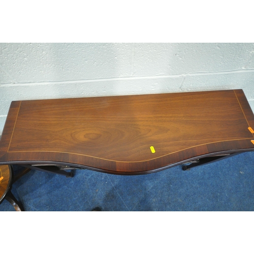 288 - A REPRODUCTION MAHOGANY SERPENTINE SIDE TABLE, with two frieze drawers, raised on square tapered leg... 