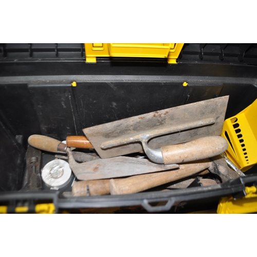 104 - A TOOLBOX AND A TRAY CONTAINING TOOLS including a vintage Black and Decker drill (PAT fail due to un... 