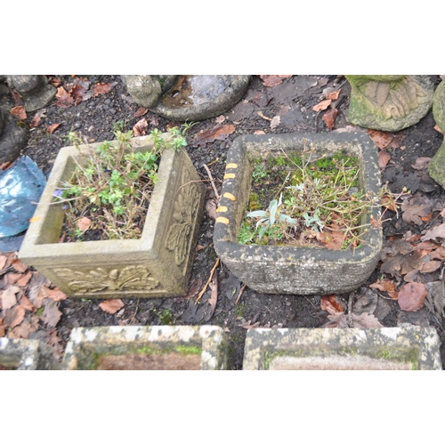 11 - SIX SQUARE WEATHERED COMPOSITE GARDEN PLANTERS, including a set of four stamped Cotswold Studio inte... 