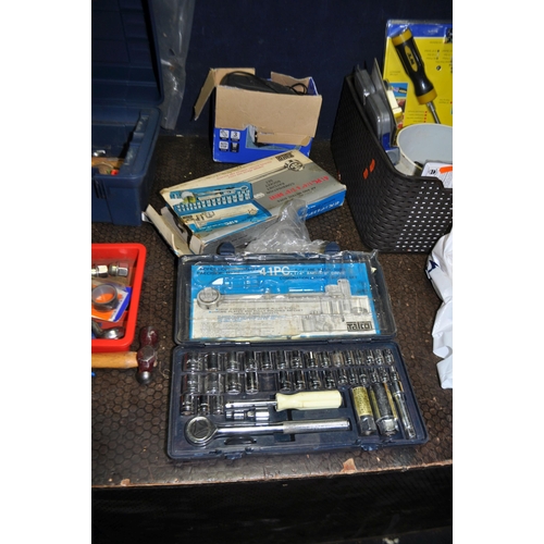 74 - TWO TOOLBOXES AND A TRAY CONTAINING  AUTOMOTIVE AND OTHER TOOLS including a Talco socket set (incomp... 