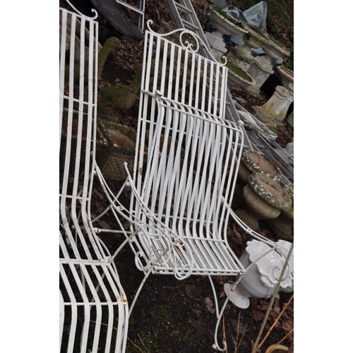 8 - A PAIR OF EARLY TO MID 20th CENTURY PAINTED STEEL GARDEN LOUNGERS with wrought iron frames, metal st... 