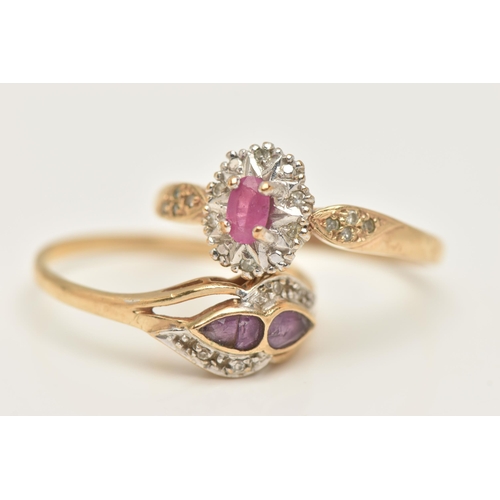 414 - TWO 9CT GOLD GEM SET RINGS, the first an oval cut ruby with a surround of single cut diamonds, yello... 