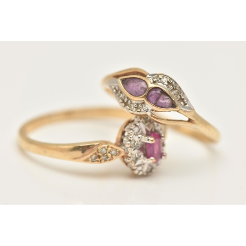 414 - TWO 9CT GOLD GEM SET RINGS, the first an oval cut ruby with a surround of single cut diamonds, yello... 