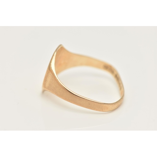 421 - A 9CT GOLD GENTS SIGNET RING, polished rectangular form signet, to a misshapen shank, hallmarked 9ct... 