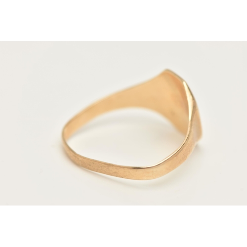 421 - A 9CT GOLD GENTS SIGNET RING, polished rectangular form signet, to a misshapen shank, hallmarked 9ct... 