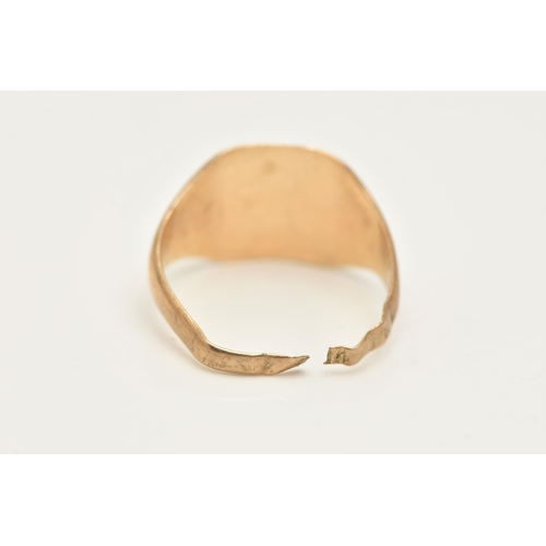 422 - A GENTS 9CT GOLD SIGNET RING, polished square form signet, to a misshapen and split shank, hallmarke... 