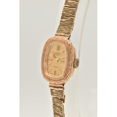 428 - A LADIES 9CT GOLD 'ROTARY' WRISTWATCH, manual wind, rounded rectangular gold tone dial signed 'Rotar... 