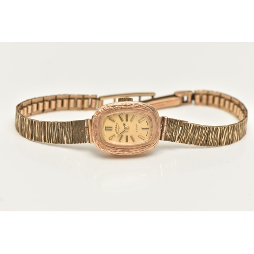 428 - A LADIES 9CT GOLD 'ROTARY' WRISTWATCH, manual wind, rounded rectangular gold tone dial signed 'Rotar... 