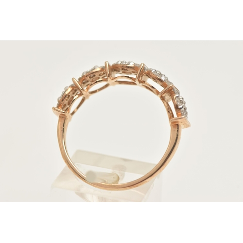 431 - A 9CT GOLD DIAMOND RING, designed as a row of five diamond clusters, each cluster between a polished... 