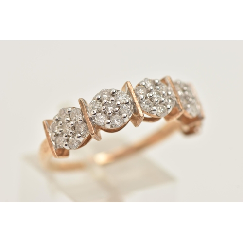 431 - A 9CT GOLD DIAMOND RING, designed as a row of five diamond clusters, each cluster between a polished... 