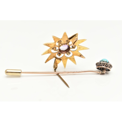 432 - A VICTORIAN STAR BROOCH AND A STICK PIN, a yellow metal twelve pointed star set with a central circu... 