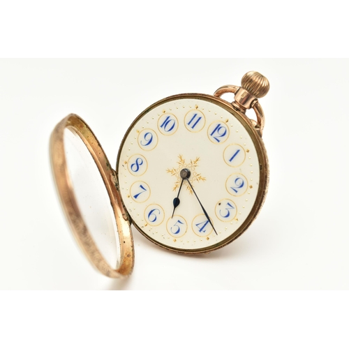 433 - A LADIES YELLOW METAL OPEN FACE POCKET WATCH, manual wind, round white dial with gold detail, blue A... 