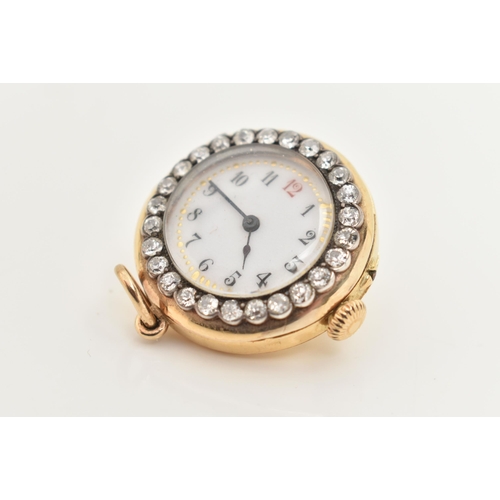 434 - AN EARLY 20TH CENTURY, 18CT GOLD DIAMOND FOB WATCH, manual wind, white circular dial, Arabic numeral... 