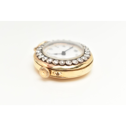 434 - AN EARLY 20TH CENTURY, 18CT GOLD DIAMOND FOB WATCH, manual wind, white circular dial, Arabic numeral... 