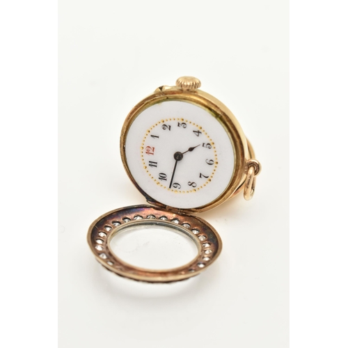 434 - AN EARLY 20TH CENTURY, 18CT GOLD DIAMOND FOB WATCH, manual wind, white circular dial, Arabic numeral... 