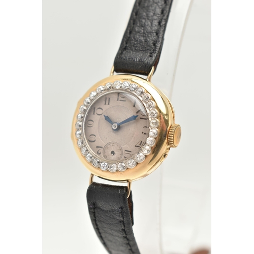 435 - A LADIES 18CT GOLD DIAMOND WRISTWATCH, manual wind, round silvered dial, blue steel hands, subsidiar... 