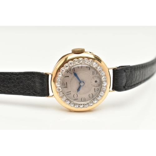 435 - A LADIES 18CT GOLD DIAMOND WRISTWATCH, manual wind, round silvered dial, blue steel hands, subsidiar... 