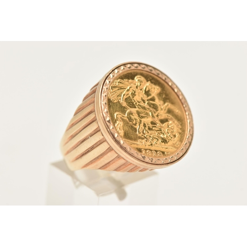 437 - A 9CT GOLD, FULL GOLD SOVEREIGN COIN RING, a George V full sovereign coin, dated 1913, claw set with... 