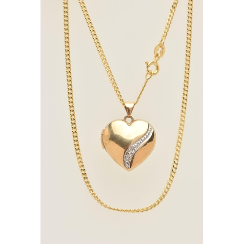 444 - A YELLOW METAL HEART LOCKET PENDANT WITH CHAIN, polished heart locket with single cut diamond detail... 