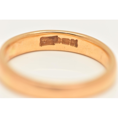 447 - A 22CT GOLD POLISHED BAND RING, approximate band width 4.1mm, hallmarked 22ct Birmingham, ring size ... 